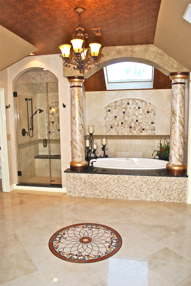 Example of a large 1950s master beige tile and stone tile travertine floor bathroom design in Chicago with an undermount sink, raised-panel cabinets, white cabinets, granite countertops, a one-piece toilet and beige walls