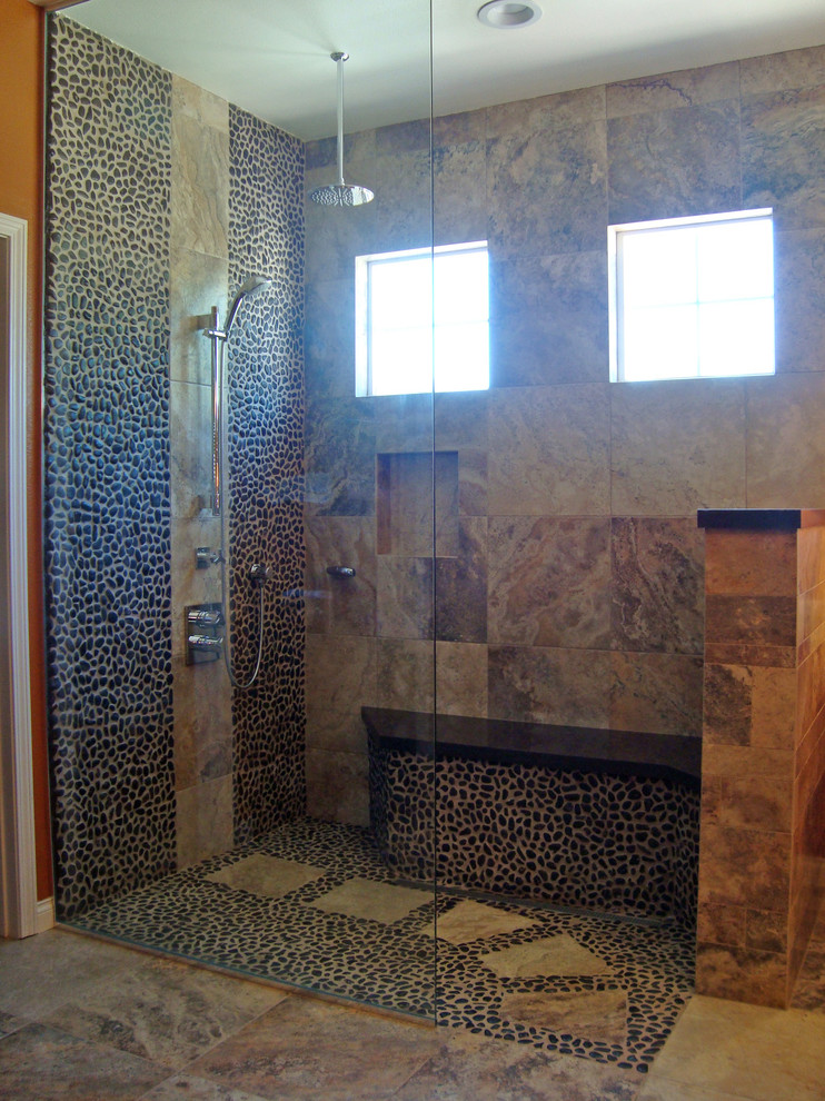 Medium sized contemporary shower room bathroom in Orange County with a vessel sink, shaker cabinets, medium wood cabinets, engineered stone worktops, a corner shower, a two-piece toilet, multi-coloured tiles, porcelain tiles, orange walls and porcelain flooring.