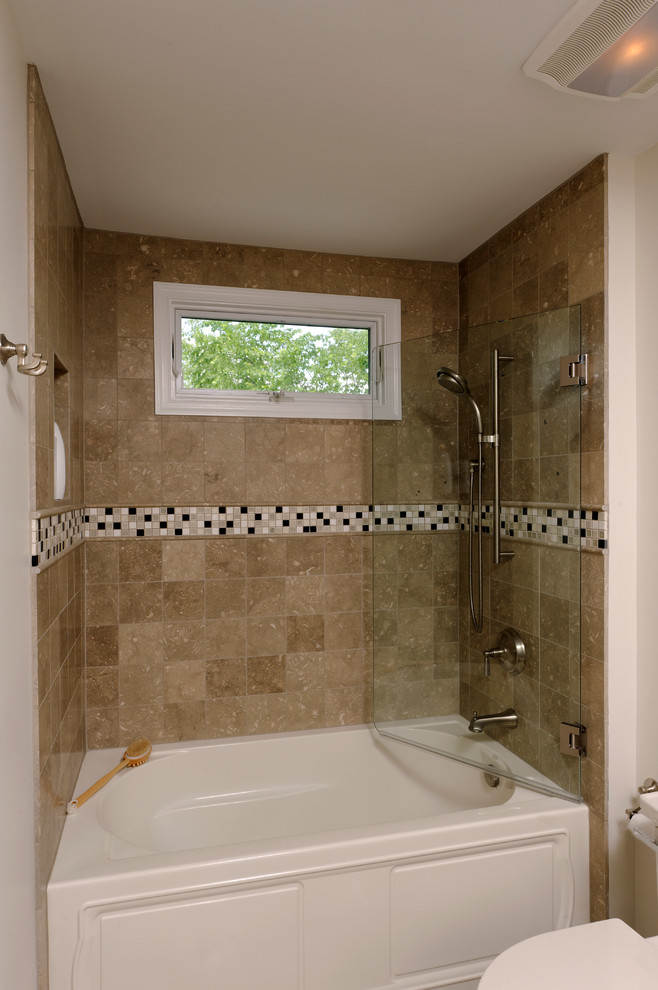 Example of a mid-sized classic kids' gray tile and stone tile bathroom design in DC Metro with an undermount sink, recessed-panel cabinets, gray cabinets, granite countertops, a one-piece toilet and beige walls