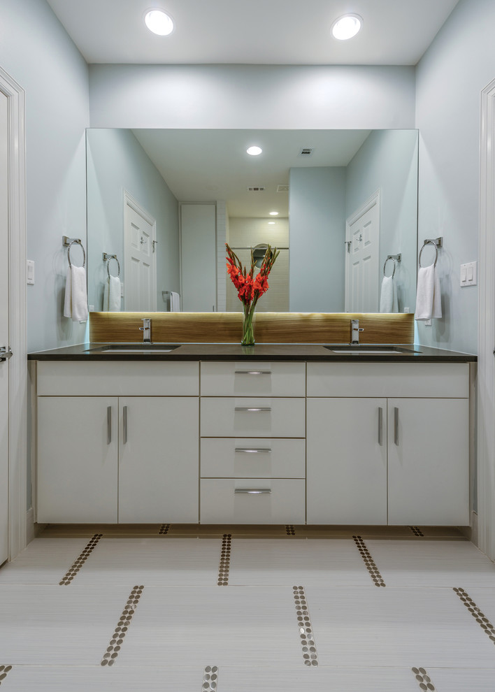 Cette image montre une salle de bain design avec un placard à porte plane et des portes de placard blanches.