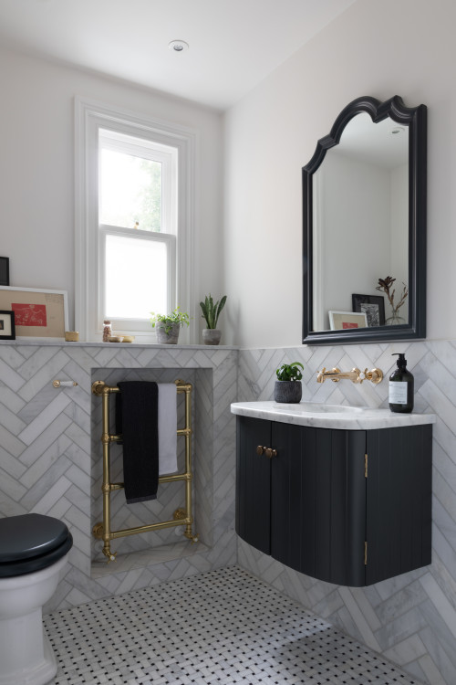 Marble Herringbone Small Bathroom Backsplash with Black Vanity