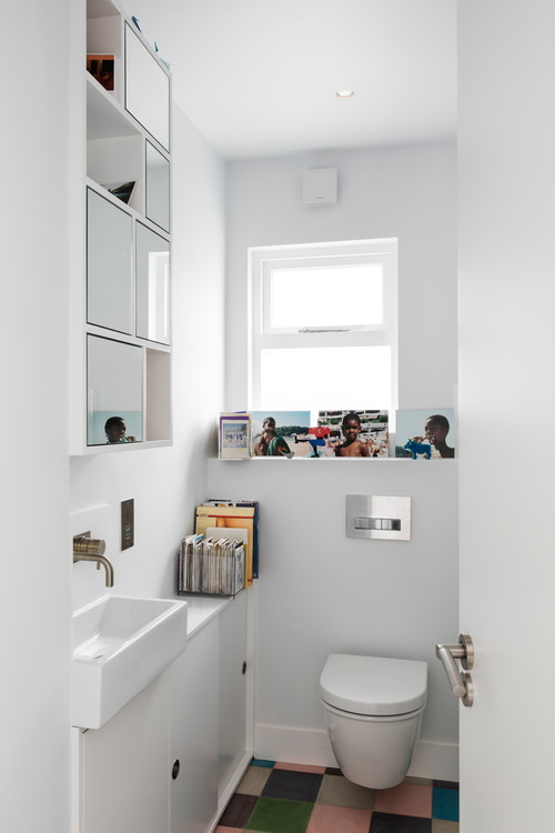 Contemporary Brightness: White Built-In Niche Bathroom Storage