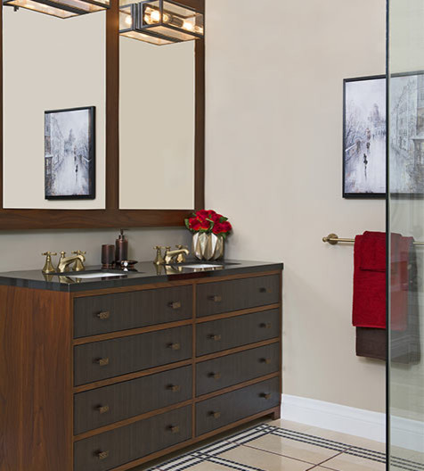 Photo of a small modern shower room bathroom in Toronto with flat-panel cabinets, dark wood cabinets, a corner shower, beige walls, porcelain flooring, a submerged sink and engineered stone worktops.