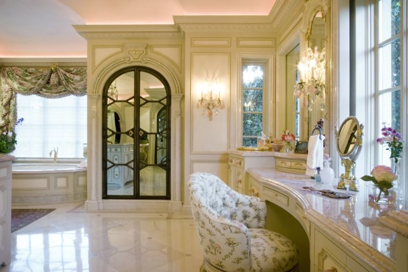 Alcove bathtub - huge mediterranean master white tile and stone tile limestone floor alcove bathtub idea in Dallas with furniture-like cabinets, light wood cabinets, granite countertops and beige walls