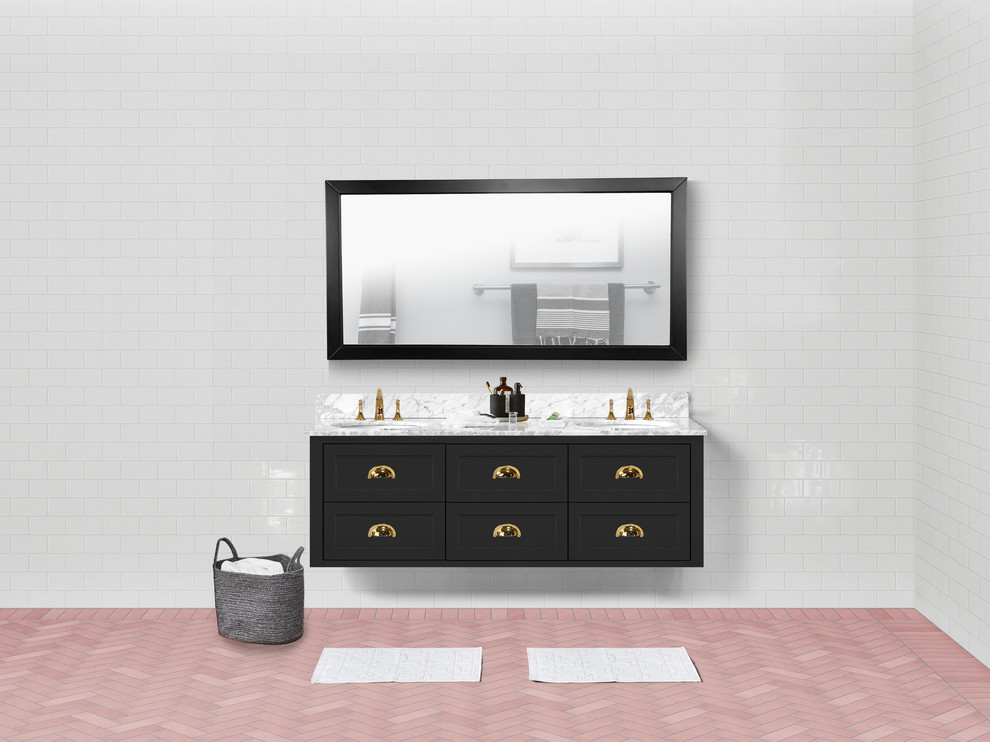 Источник вдохновения для домашнего уюта: большая главная ванная комната в современном стиле с фасадами с филенкой типа жалюзи, черными фасадами, белой плиткой, керамической плиткой, белыми стенами, полом из ламината, врезной раковиной, мраморной столешницей, розовым полом и белой столешницей