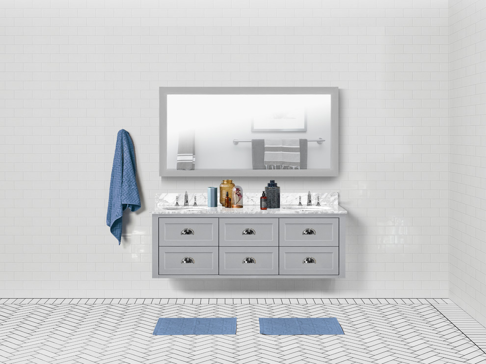 Inspiration för stora moderna vitt en-suite badrum, med luckor med lamellpanel, grå skåp, vit kakel, keramikplattor, vita väggar, laminatgolv, ett undermonterad handfat, marmorbänkskiva och vitt golv