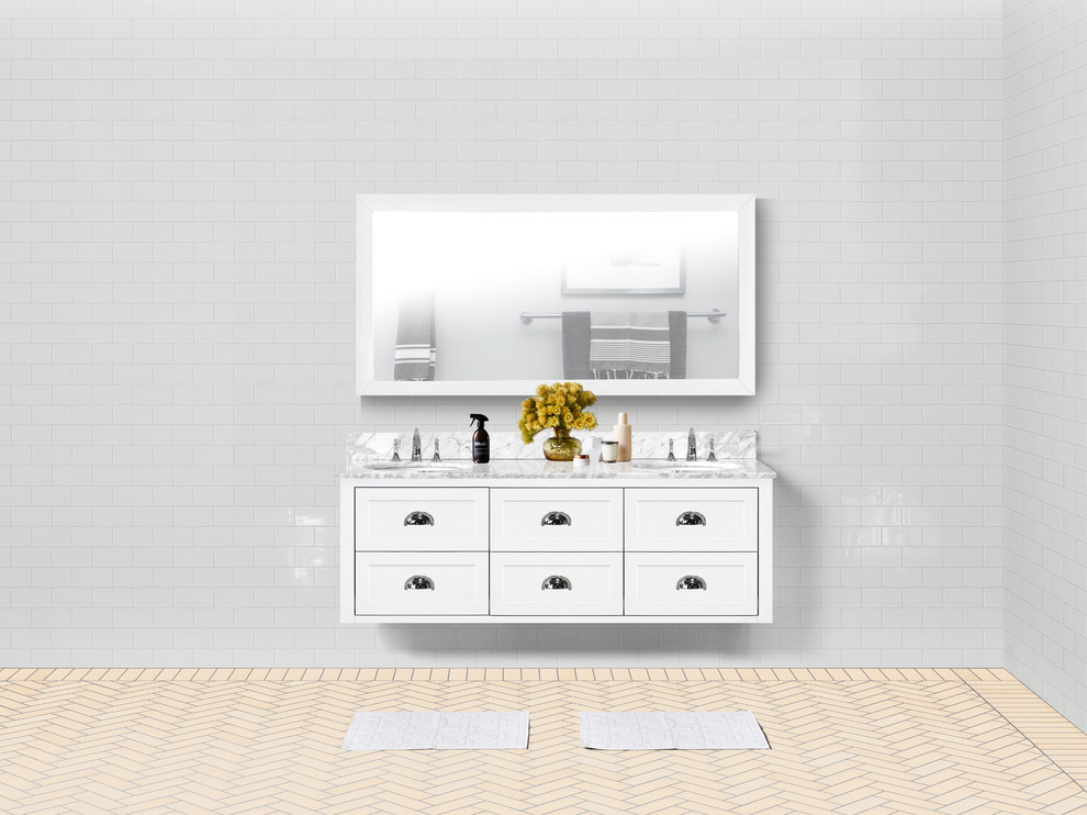 Пример оригинального дизайна: большая главная ванная комната в современном стиле с фасадами с филенкой типа жалюзи, черными фасадами, белой плиткой, керамической плиткой, белыми стенами, полом из ламината, врезной раковиной, мраморной столешницей, желтым полом и белой столешницей