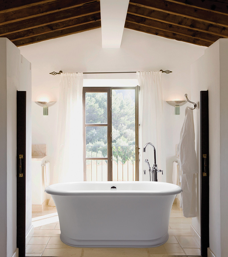 Freestanding bathtub - mid-sized contemporary master ceramic tile and beige floor freestanding bathtub idea in Raleigh with white walls