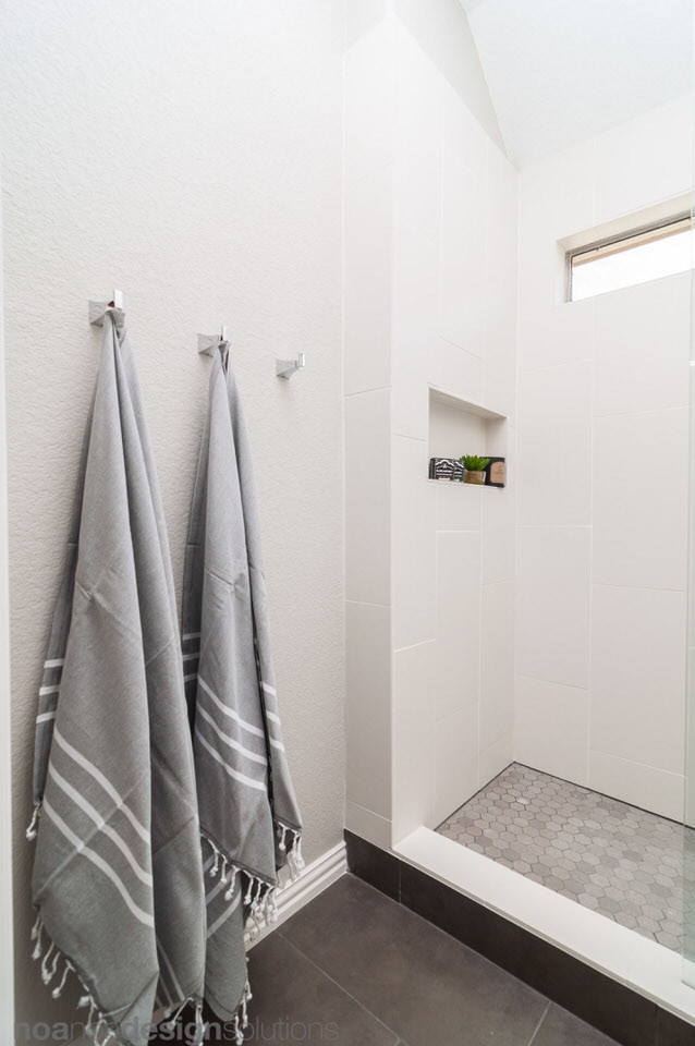 Small minimalist kids' gray tile and porcelain tile porcelain tile and gray floor doorless shower photo in Austin with beaded inset cabinets, brown cabinets, a one-piece toilet, gray walls, an undermount sink, quartzite countertops and a hinged shower door
