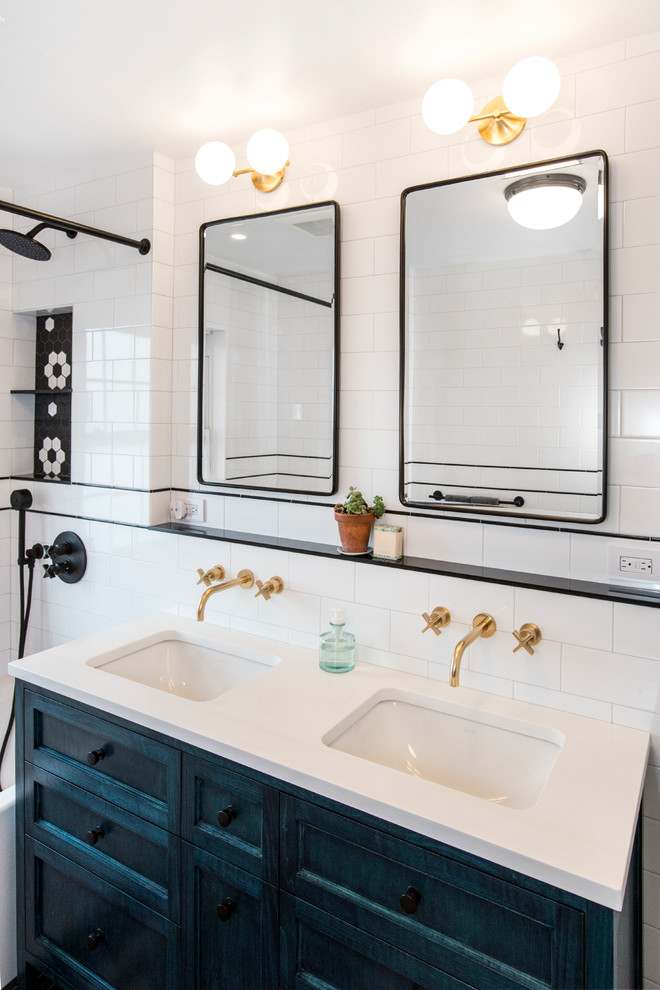 Mid-sized trendy master multicolored tile and ceramic tile ceramic tile and multicolored floor bathroom photo in New York with recessed-panel cabinets, turquoise cabinets, a two-piece toilet, white walls, an undermount sink and quartz countertops
