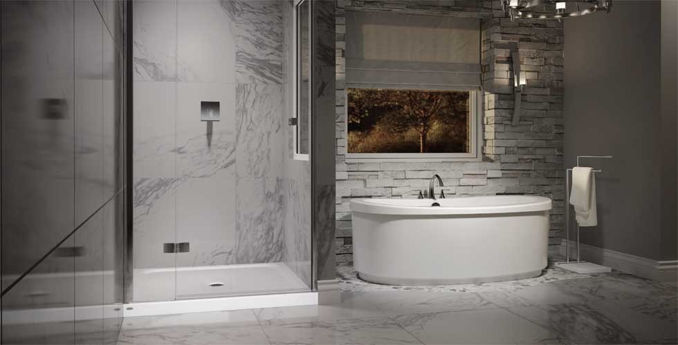 Стильный дизайн: главная ванная комната среднего размера в стиле неоклассика (современная классика) с серой плиткой, отдельно стоящей ванной, душем в нише, каменной плиткой, серыми стенами, мраморным полом, белым полом и душем с распашными дверями - последний тренд