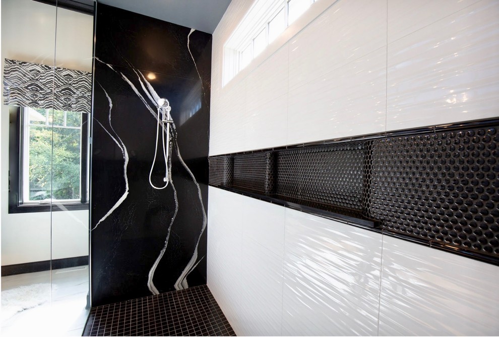 Example of a large minimalist master white tile and ceramic tile ceramic tile and white floor bathroom design in New York with flat-panel cabinets, black cabinets, a two-piece toilet, white walls, a vessel sink, quartz countertops and white countertops