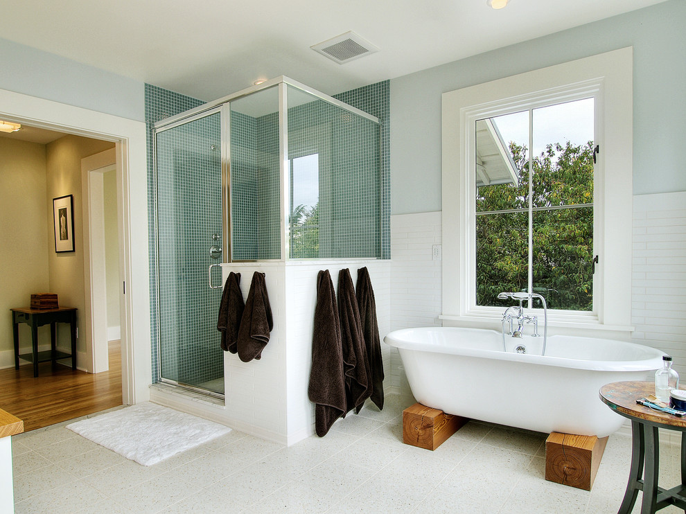 This is an example of a contemporary bathroom in Seattle with a freestanding bath.