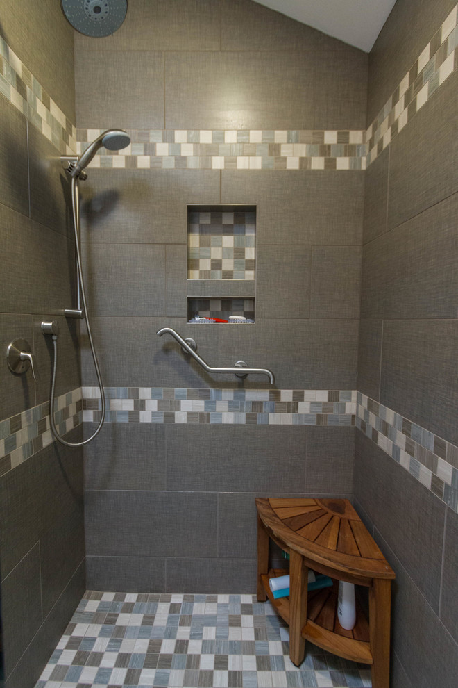 Bathroom - mid-sized traditional master multicolored tile and glass sheet porcelain tile bathroom idea in Other with a drop-in sink, furniture-like cabinets, white cabinets, granite countertops, a two-piece toilet and blue walls