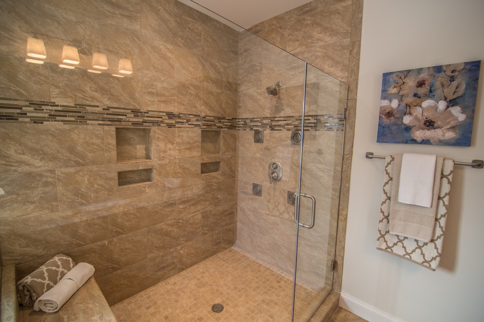 Inspiration for a rustic ensuite bathroom in DC Metro with a corner shower, beige tiles, porcelain tiles and porcelain flooring.