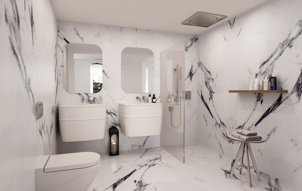 Свежая идея для дизайна: ванная комната в стиле модернизм с белыми фасадами, открытым душем, инсталляцией, белой плиткой, мраморной плиткой, белыми стенами, мраморным полом, подвесной раковиной, столешницей из искусственного камня, белым полом и открытым душем - отличное фото интерьера