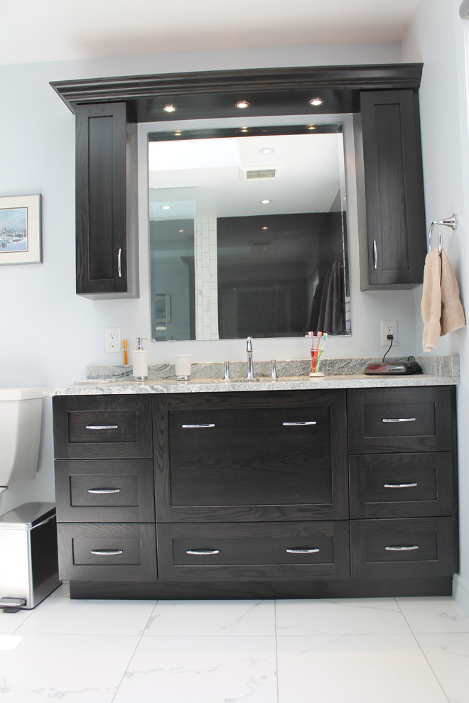 Jet black shaker vanity with granite stone top Transitional Bathroom Toronto by