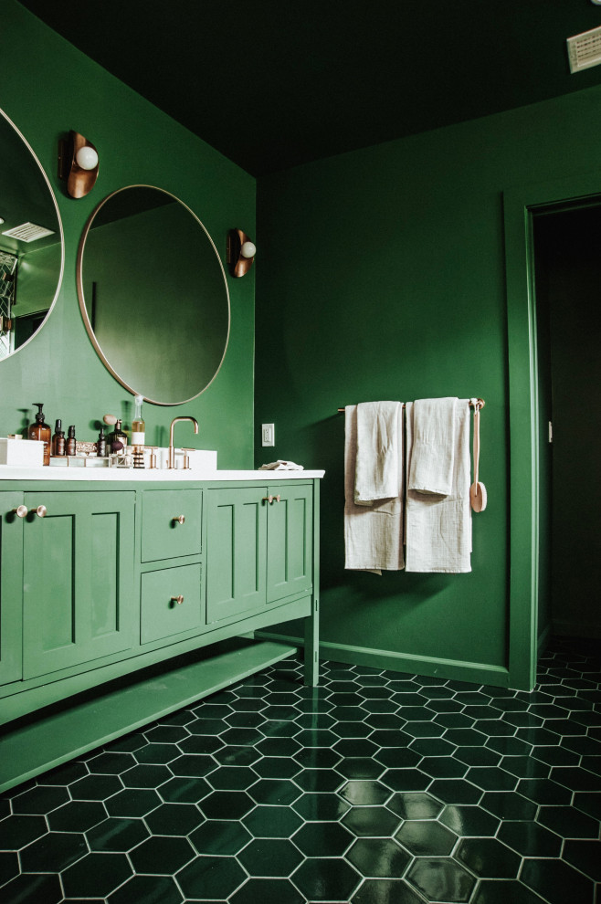 Photo of a medium sized bohemian family bathroom in Los Angeles with green cabinets, an alcove shower, green tiles, ceramic tiles, ceramic flooring, a submerged sink, green floors, a hinged door and white worktops.