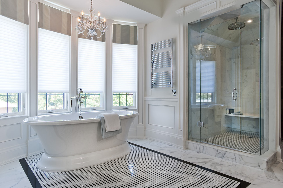 Large elegant master white tile, black and white tile and marble tile marble floor bathroom photo in Toronto