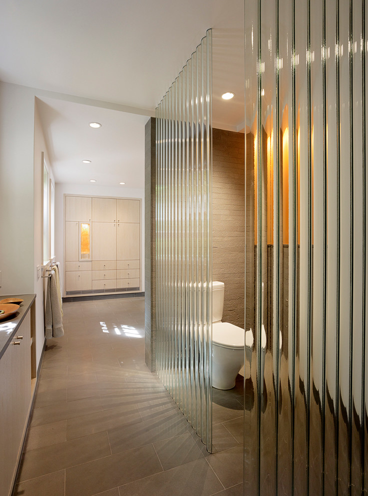 Esempio di una stanza da bagno contemporanea con ante lisce, ante bianche, WC a due pezzi, piastrelle grigie, pareti bianche e pavimento in ardesia