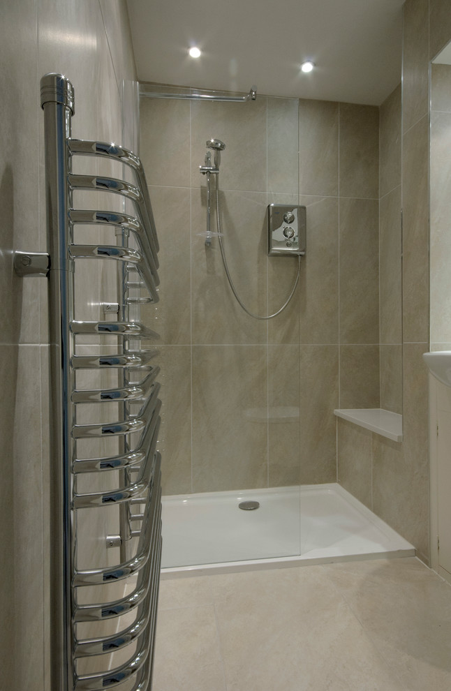 Design ideas for a medium sized modern shower room bathroom in Dublin with a double shower, brown tiles, porcelain tiles, brown walls and porcelain flooring.