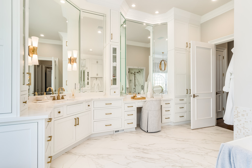 Traditional ensuite bathroom in Atlanta with beaded cabinets, white cabinets, a freestanding bath, engineered stone worktops and white worktops.