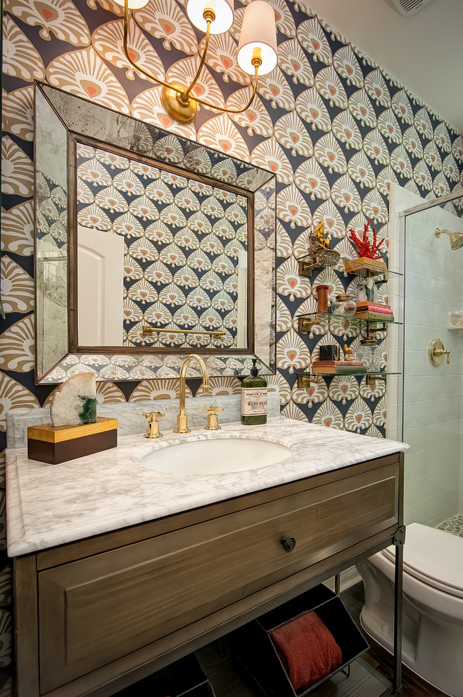 Example of a transitional white tile alcove shower design in San Diego with an undermount sink, furniture-like cabinets, dark wood cabinets and multicolored walls