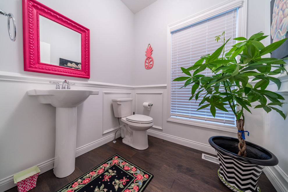 Inspiration for a transitional kids' dark wood floor and brown floor bathroom remodel in Cleveland with a two-piece toilet, gray walls and a pedestal sink