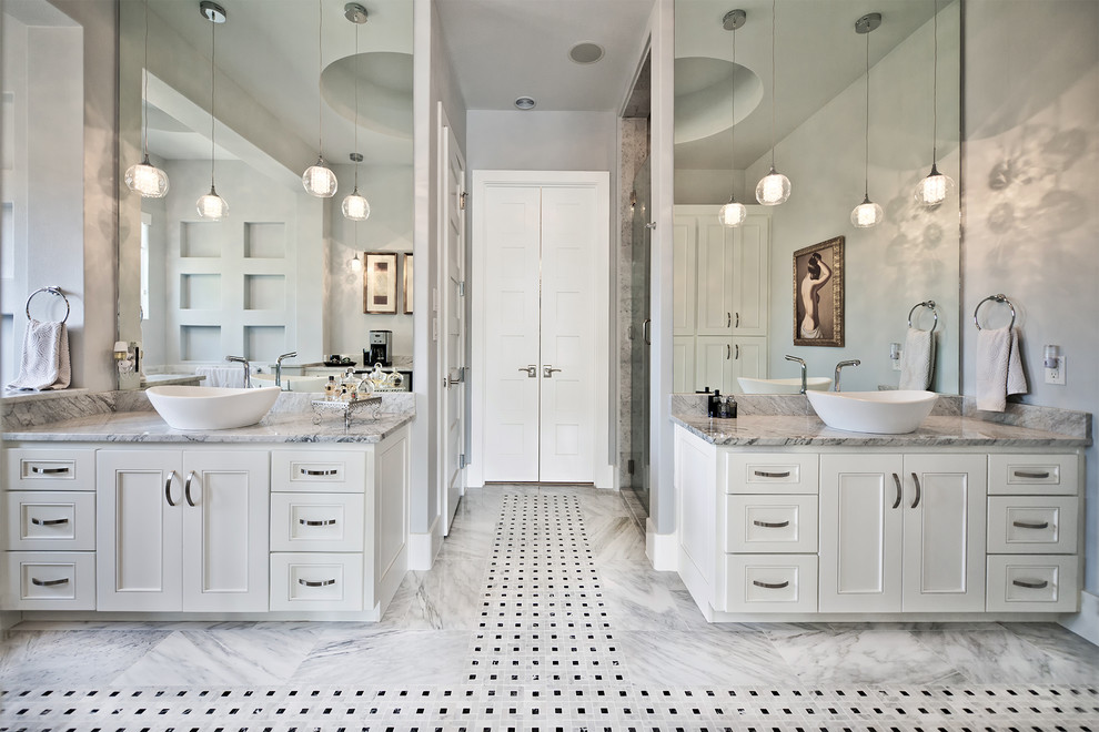 Alcove shower - transitional alcove shower idea in Austin with a vessel sink, recessed-panel cabinets, white cabinets and gray walls