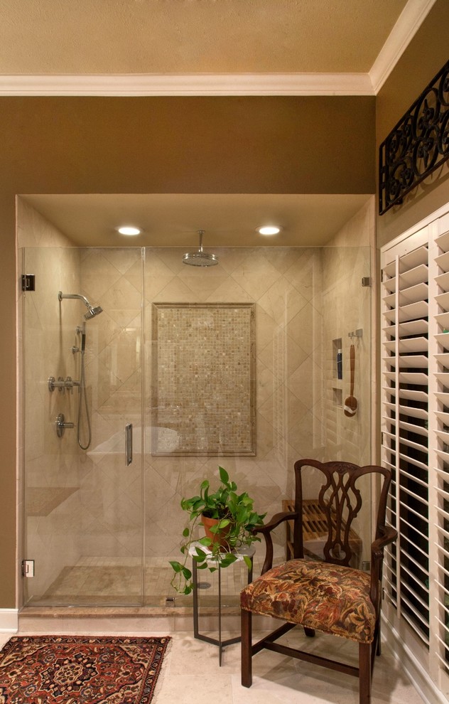 Inspiration for a large transitional master porcelain tile and white floor bathroom remodel in Houston with recessed-panel cabinets, white cabinets, beige walls, an undermount sink, granite countertops and a hinged shower door