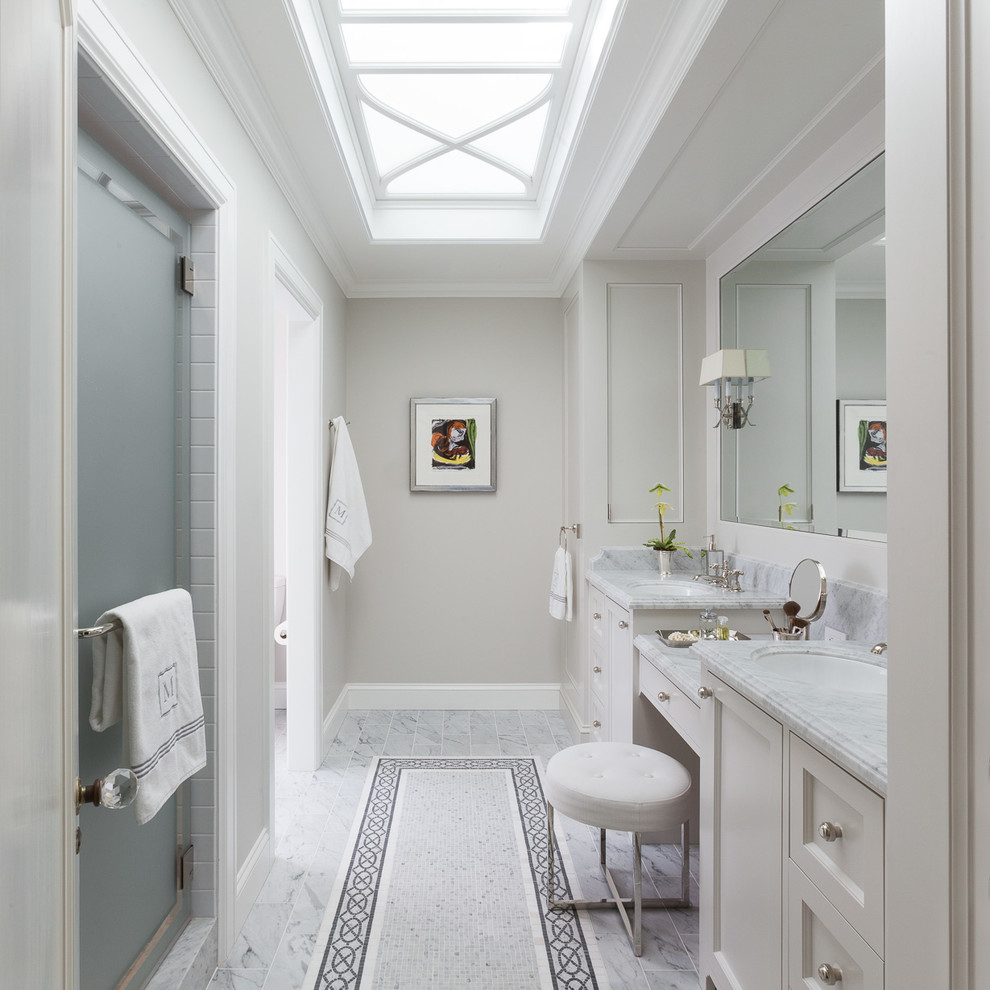 Photo of a classic ensuite bathroom in San Francisco with a submerged sink, shaker cabinets, grey cabinets, an alcove shower and grey walls.