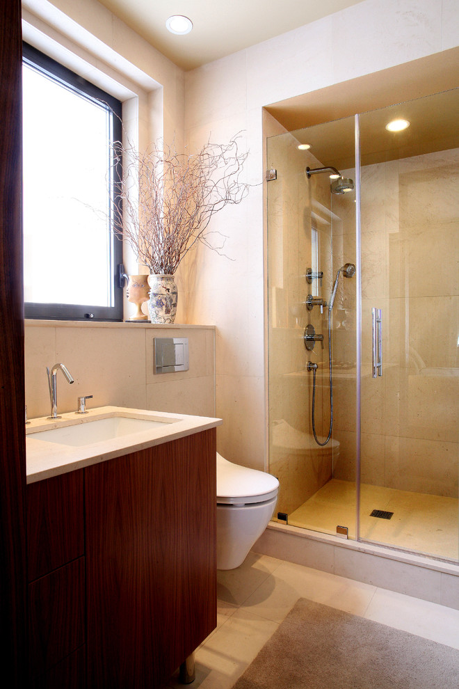 Example of a mid-sized minimalist alcove shower design in New York with flat-panel cabinets, dark wood cabinets, a wall-mount toilet, white walls, an undermount sink and quartzite countertops