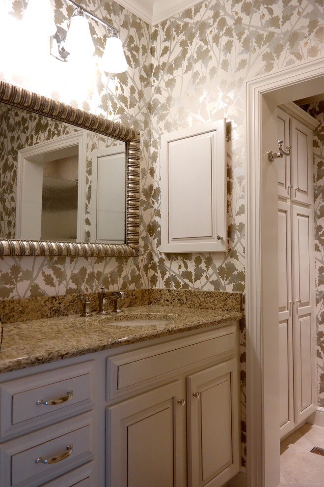 Diseño de cuarto de baño actual de tamaño medio con armarios con paneles con relieve, puertas de armario blancas, paredes multicolor, aseo y ducha, lavabo bajoencimera y encimera de granito