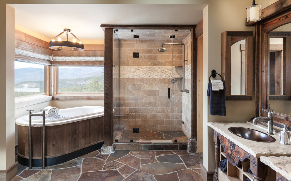 Design ideas for a rustic bathroom in Sacramento with a built-in sink, open cabinets, distressed cabinets, an alcove shower, beige tiles, stone tiles, beige walls and a built-in bath.