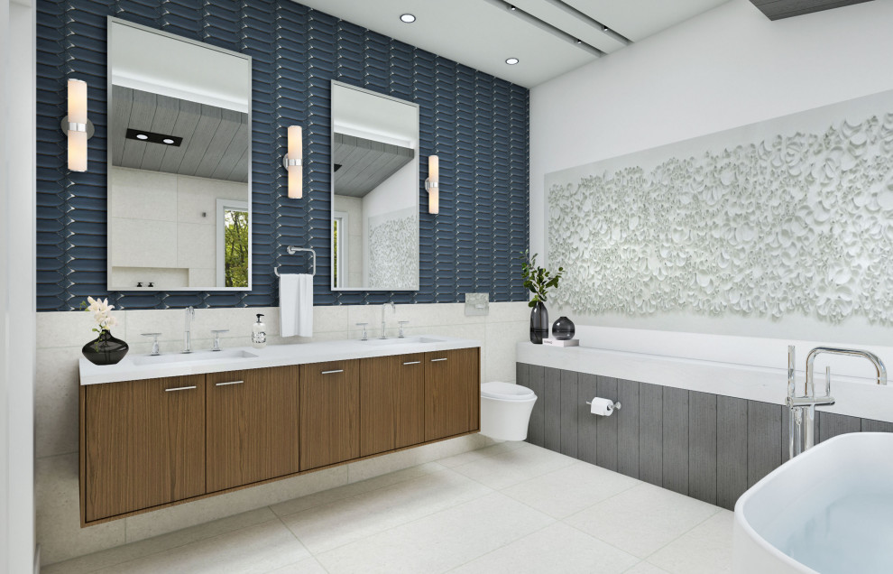 Идея дизайна: большая главная ванная комната с плоскими фасадами, коричневыми фасадами, отдельно стоящей ванной, душем над ванной, инсталляцией, белой плиткой, керамогранитной плиткой, белыми стенами, полом из керамогранита, раковиной с несколькими смесителями, столешницей из кварцита, белым полом, душем с распашными дверями и синей столешницей