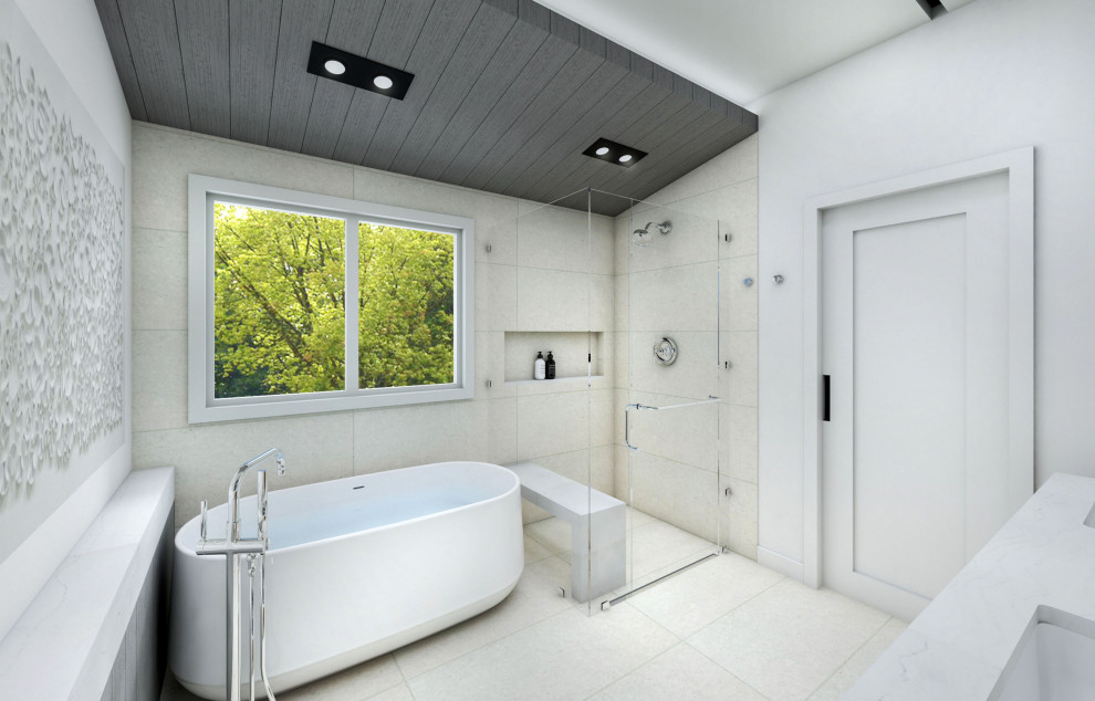 Exempel på ett stort blå blått en-suite badrum, med släta luckor, bruna skåp, ett fristående badkar, en dusch/badkar-kombination, en vägghängd toalettstol, vit kakel, porslinskakel, vita väggar, klinkergolv i porslin, ett avlångt handfat, bänkskiva i kvartsit, vitt golv och dusch med gångjärnsdörr
