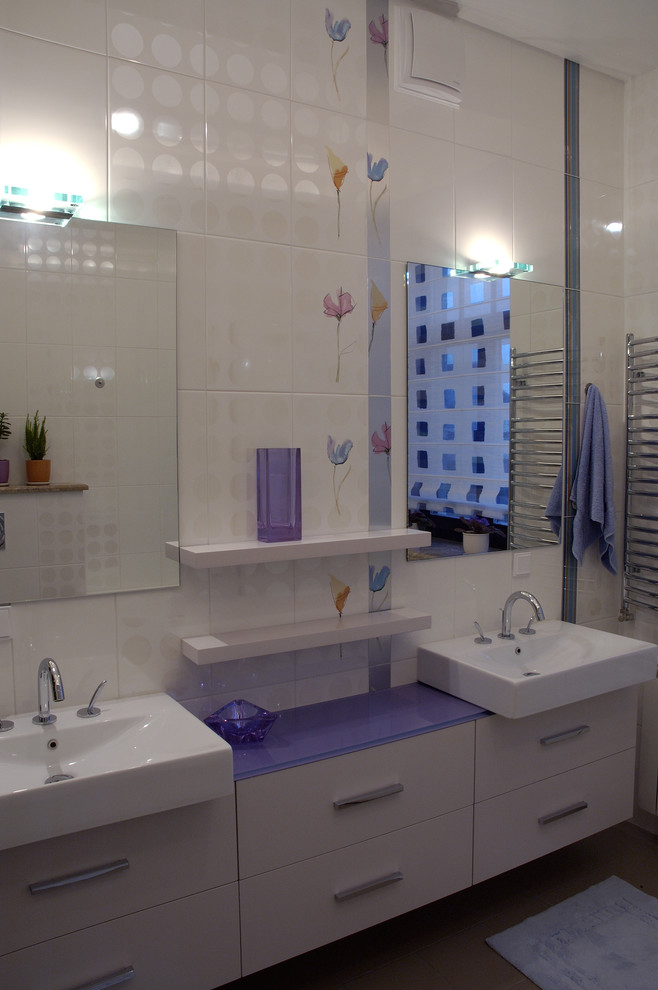Example of an eclectic kids' bathroom design in Other with a vessel sink and purple countertops