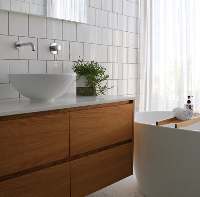 Example of a small minimalist master white tile and porcelain tile terrazzo floor and white floor bathroom design in Geelong with white walls, a drop-in sink, quartz countertops and white countertops