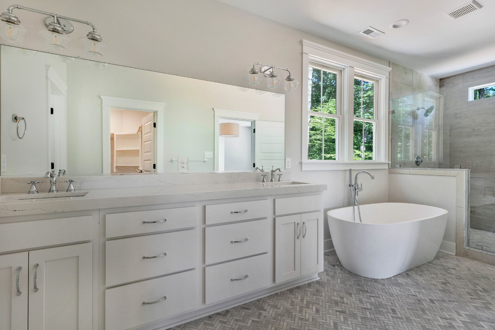 Design ideas for a traditional bathroom in Richmond with shaker cabinets, white cabinets, a freestanding bath, a double shower, grey walls, marble flooring, a submerged sink, marble worktops, a hinged door and white worktops.