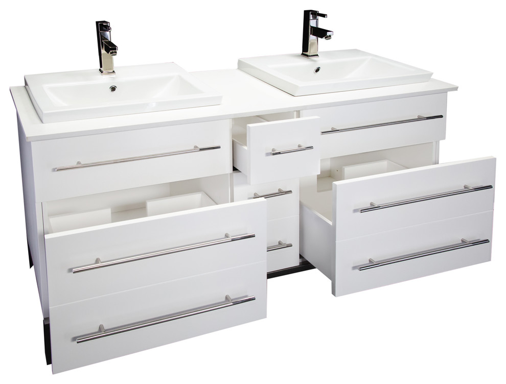 Imagen de cuarto de baño principal contemporáneo de tamaño medio con armarios tipo mueble, puertas de armario blancas, lavabo encastrado, encimera de cuarzo compacto y encimeras blancas
