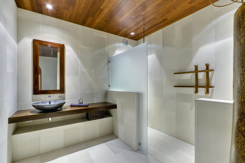 Ispirazione per una stanza da bagno contemporanea con doccia a filo pavimento, lavabo a bacinella e doccia aperta