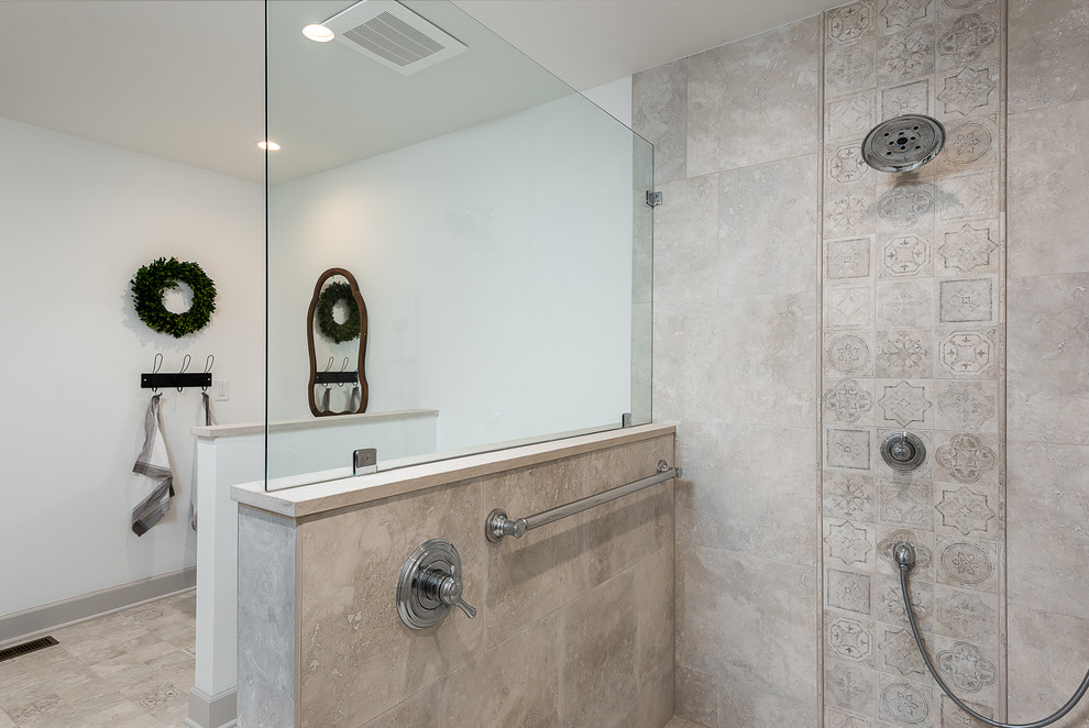 Photo of a large traditional ensuite bathroom in Other with a built-in shower, beige tiles, ceramic tiles, a pedestal sink and an open shower.