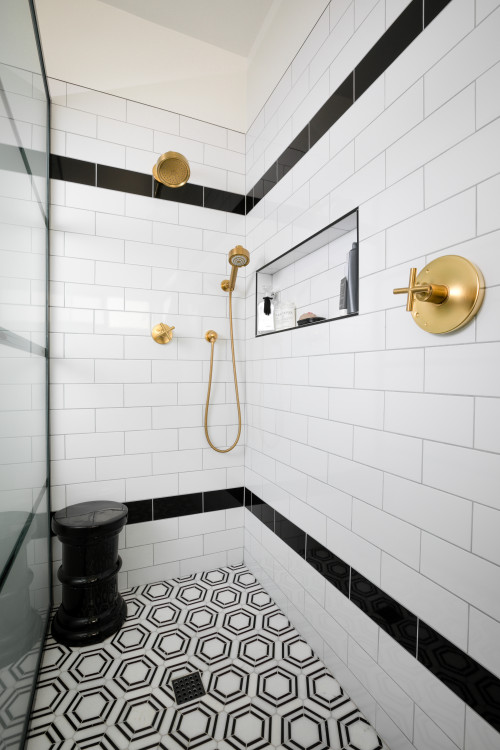 Monochrome Walk-in Shower with Brass Accents
