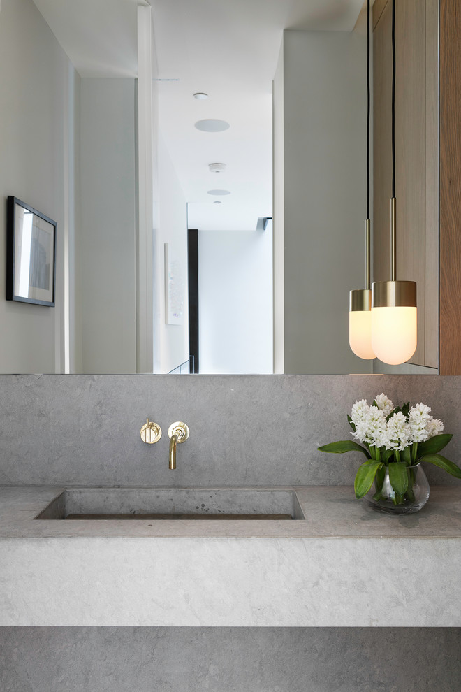 Стильный дизайн: ванная комната в стиле неоклассика (современная классика) с серыми фасадами, серыми стенами и монолитной раковиной - последний тренд