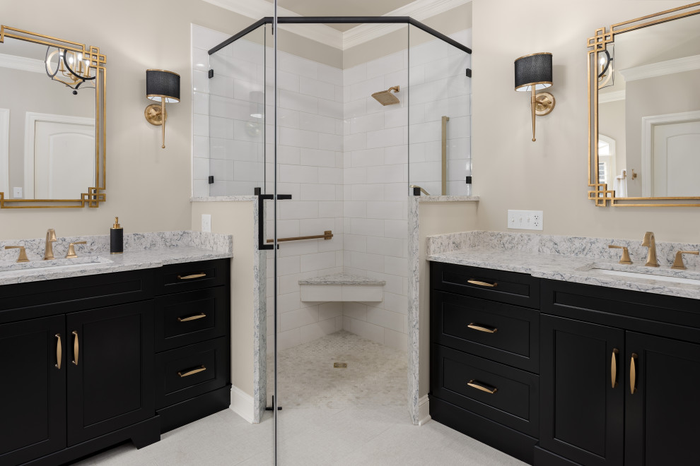 Large classic ensuite bathroom in Other with beaded cabinets, black cabinets, a freestanding bath, a built-in shower, a two-piece toilet, white tiles, porcelain tiles, grey walls, porcelain flooring, a submerged sink, engineered stone worktops, white floors, a hinged door and multi-coloured worktops.