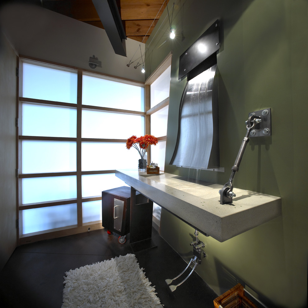 Modelo de cuarto de baño contemporáneo con lavabo de seno grande y puertas de armario de madera en tonos medios