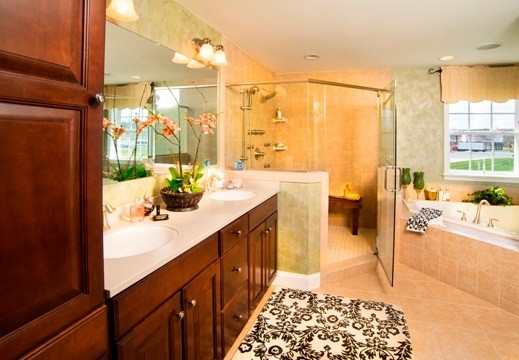 Mid-sized elegant master bathroom photo in Other with raised-panel cabinets, dark wood cabinets, beige walls and an undermount sink