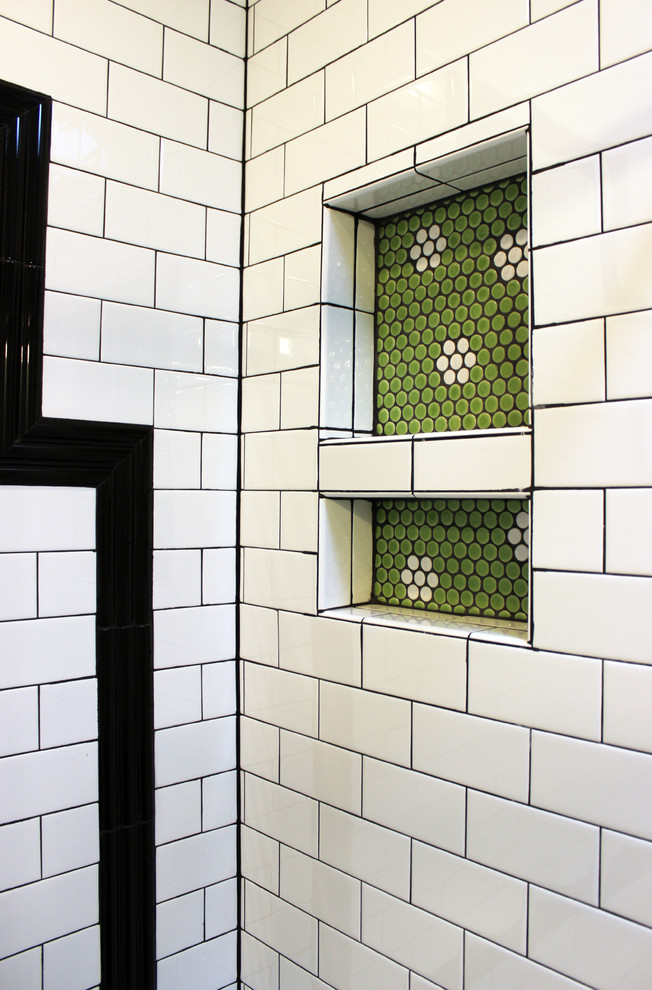 Inspiration for a mid-sized modern 3/4 black and white tile and subway tile porcelain tile and black floor bathroom remodel in DC Metro with raised-panel cabinets, white cabinets, a two-piece toilet, blue walls and a wall-mount sink