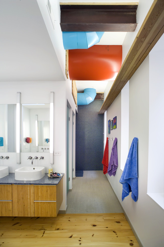 Bathroom - contemporary kids' bathroom idea in Chicago with a vessel sink and blue countertops