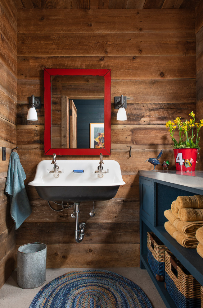 Inspiration for a rustic kids' gray floor bathroom remodel in Other with open cabinets, blue cabinets, brown walls, a trough sink and stainless steel countertops